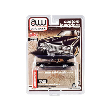 1975 Cadillac Eldorado Black with Brown (Partial) Vinyl Top "Custom Lowriders" Limited Edition to 4800 pieces Worldwide 1/64 Diecast Model Car by Auto World-Autoworld-ModelCars.com