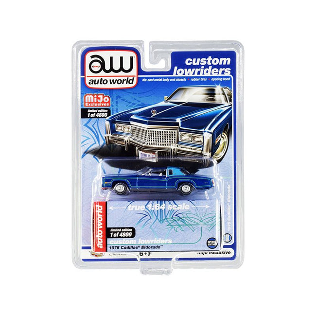1975 Cadillac Eldorado Dark Blue Metallic with Light Blue (Partial) Vinyl Top "Custom Lowriders" Limited Edition to 4800 pieces Worldwide 1/64 Diecast Model Car by Auto World - Autoworld - ModelCars.com