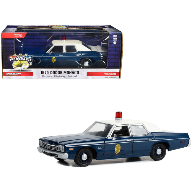 1975 Dodge Monaco Dark Blue with White Top "Kansas Highway Patrol" "Hot Pursuit" Series 1/24 Diecast Model Car by Greenlight - Greenlight - ModelCars.com