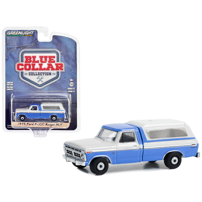 1975 Ford F - 100 Ranger XLT Pickup Truck with Camper Shell Wind Blue and Wimbledon White "Blue Collar Collection" Series 12 1/64 Diecast Model Car by Greenlight - Greenlight - ModelCars.com