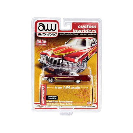 1976 Cadillac Coupe DeVille Burgundy and White with Chrome Wheels "Custom Lowriders" Limited Edition to 4800 pieces Worldwide 1/64 Diecast Model Car by Auto World - Autoworld - ModelCars.com