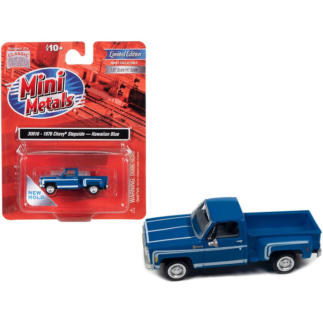 1976 Chevrolet Stepside Pickup Truck Hawaiian Blue with White Stripes 1/87 (HO) Scale Model Car by Classic Metal Works - Classic Metal Works - ModelCars.com