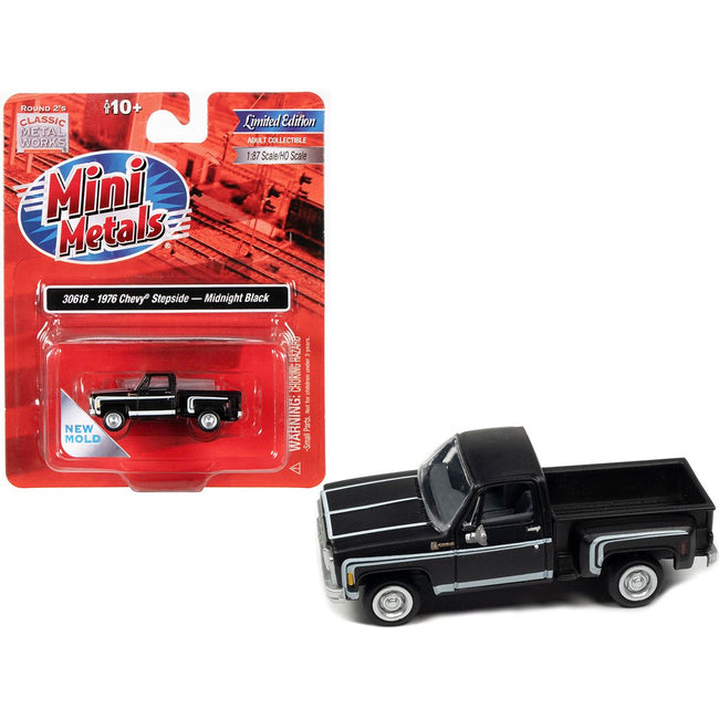 1976 Chevrolet Stepside Pickup Truck Midnight Black with White Stripes 1/87 (HO) Scale Model Car by Classic Metal Works - Classic Metal Works - ModelCars.com