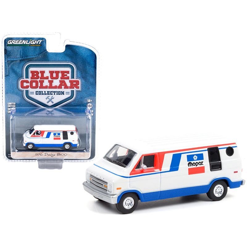 1976 Dodge B100 Van "Mopar" White with Red and Blue Stripes "Blue Collar Collection" Series 9 1/64 Diecast Model Car by Greenlight-Greenlight-ModelCars.com