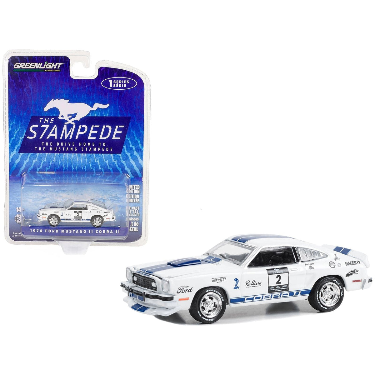 1976 Ford Mustang II Cobra II 2 White with Blue Stripes "Stampede Car" "The Drive Home to the Mustang Stampede" Series 1 1/64 Diecast Model Car by Greenlight-Greenlight-ModelCars.com