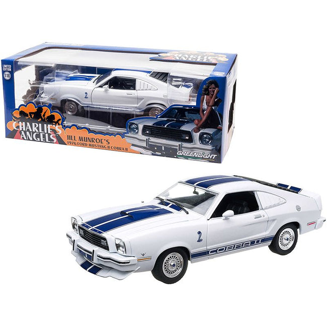 1976 Ford Mustang II Cobra II (Jill Munroe's) White with Blue Racing Stripes "Charlie's Angels" (1976 - 1981) TV Series 1/18 Diecast Model Car by Greenlight - Greenlight - ModelCars.com