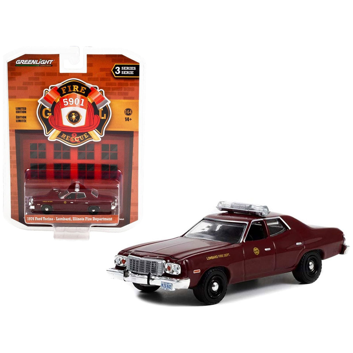 1976 Ford Torino Maroon "Lombard Fire Department" (Illinois) "Fire & Rescue" Series 3 1/64 Diecast Model Car by Greenlight-Greenlight-ModelCars.com