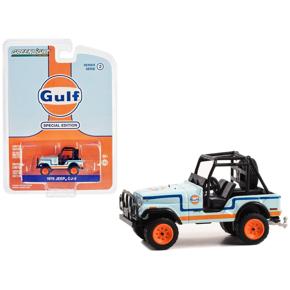 1976 Jeep CJ - 5 Light Blue with Blue and Orange Stripes "Gulf Oil Special Edition" Series 2 1/64 Diecast Model Car by Greenlight - Greenlight - ModelCars.com