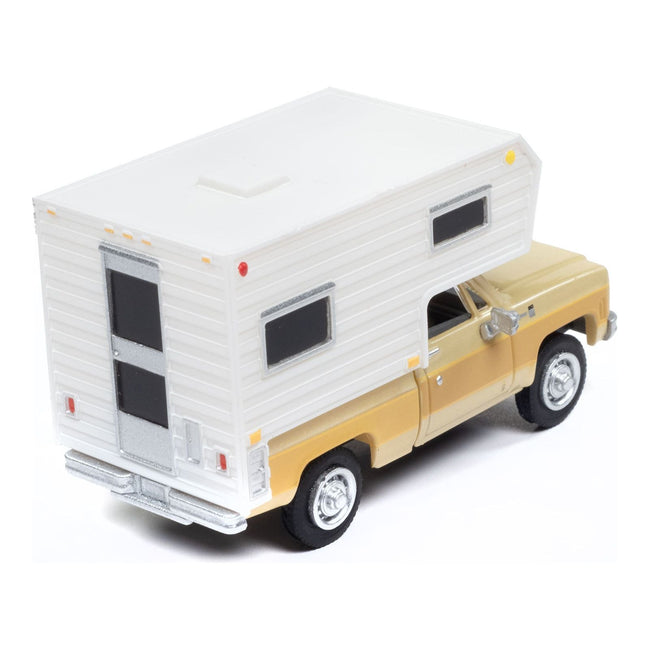 1977 Chevrolet Fleetside Pickup Truck with Camper Beige Metallic and Tan "Mini Metals" Series 1/87 (HO) Scale Model Car by Classic Metal Works - Classic Metal Works - ModelCars.com