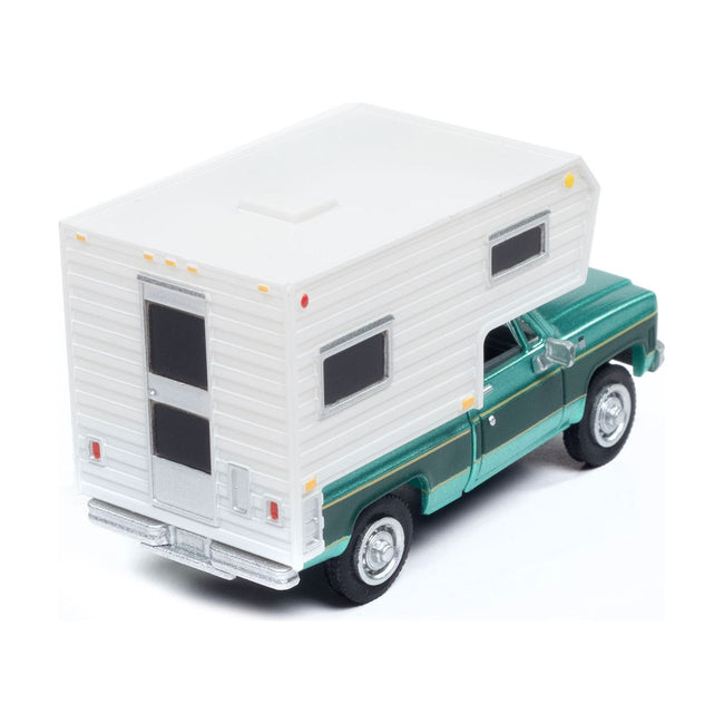 1977 Chevrolet Fleetside Pickup Truck with Camper Light Green Metallic and Dark Green "Mini Metals" Series 1/87 (HO) Scale Model Car by Classic Metal Works - Classic Metal Works - ModelCars.com