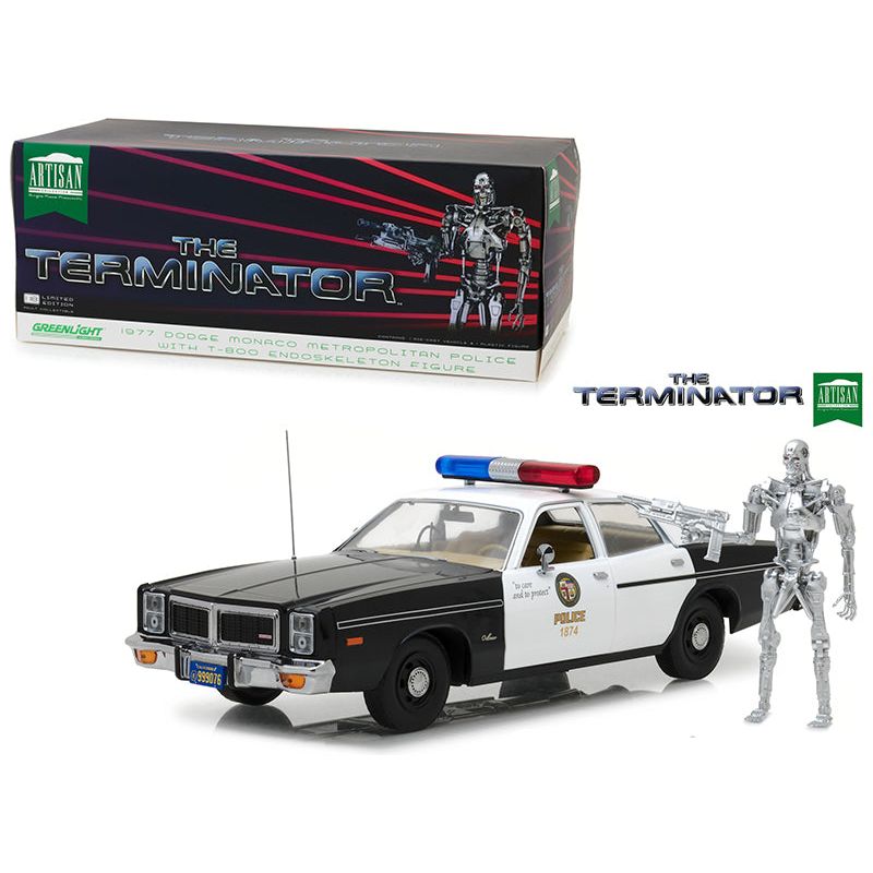 1977 Dodge Monaco Metropolitan Police with T - 800 Endoskeleton Figurine "The Terminator" (1984) Movie 1/18 Diecast Model Car by Greenlight - Greenlight - ModelCars.com