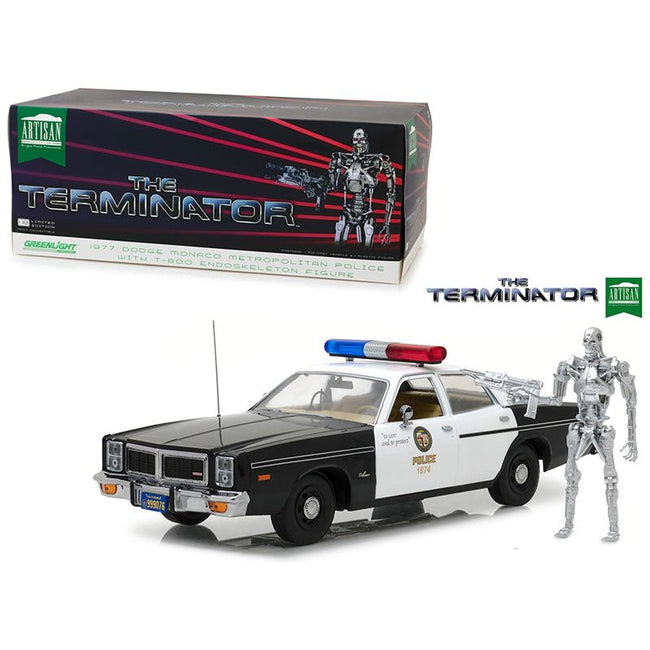 1977 Dodge Monaco Metropolitan Police with T - 800 Endoskeleton Figurine "The Terminator" (1984) Movie 1/18 Diecast Model Car by Greenlight - Greenlight - ModelCars.com