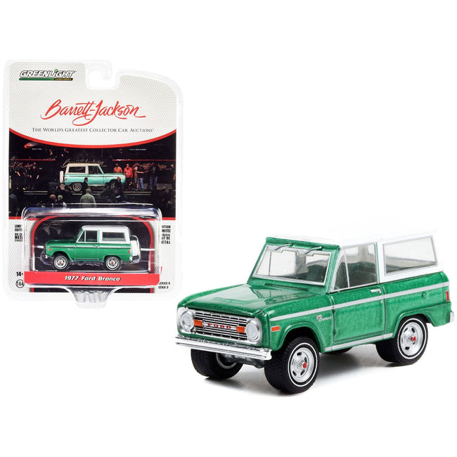 1977 Ford Bronco Jade Glow Green Metallic and White Top with Houndstooth Green Interior (Lot 1001.1) Barrett Jackson "Scottsdale Edition" Series 9 1/64 Diecast Model Car by Greenlight - Greenlight - ModelCars.com