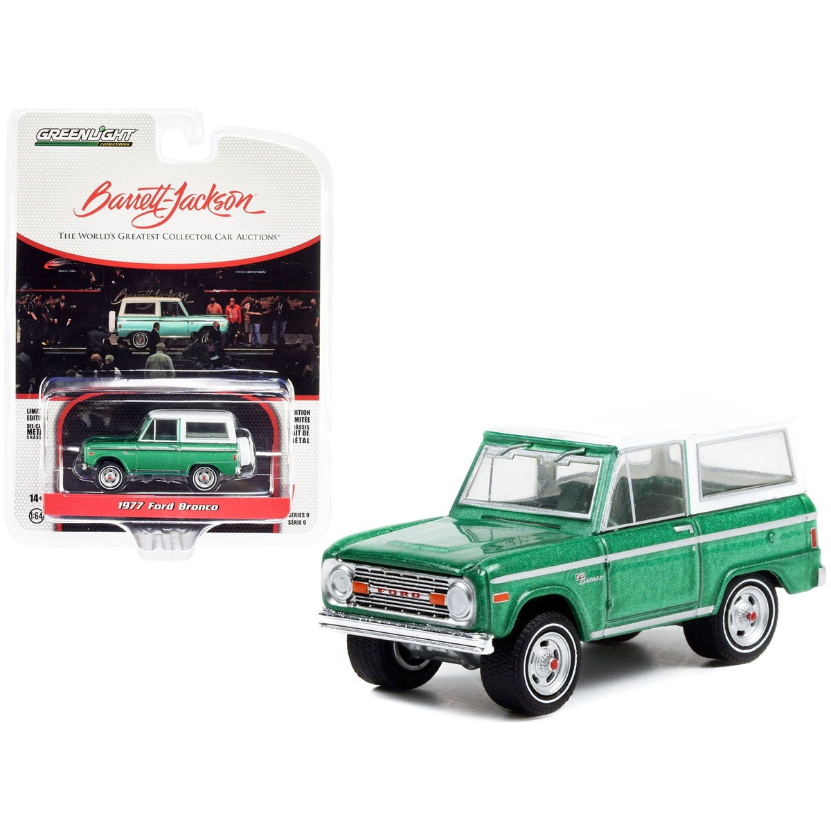 1977 Ford Bronco Jade Glow Green Metallic and White Top with Houndstooth Green Interior (Lot 1001.1) Barrett Jackson "Scottsdale Edition" Series 9 1/64 Diecast Model Car by Greenlight-Greenlight-ModelCars.com