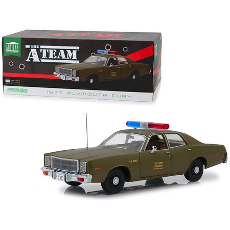 1977 Plymouth Fury U.S. Army Police Army Green "The A - Team" (1983 - 1987) TV Series 1/18 Diecast Model Car by Greenlight - Greenlight - ModelCars.com