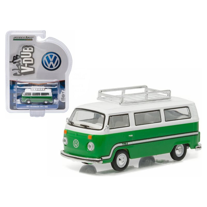1977 Volkswagen Type 2 Bus (T2B) Sumatra Green with Roof Rack and Stripes 1/64 Diecast Model Car by Greenlight - Greenlight - ModelCars.com