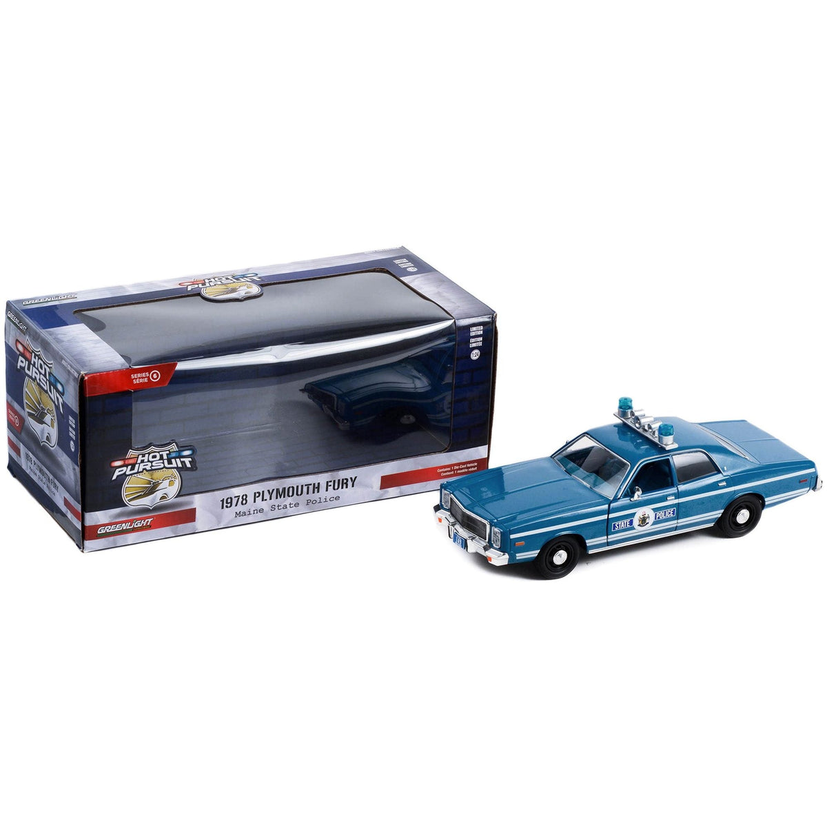 1978 Plymouth Fury Police Blue Metallic with White Stripes "Maine State Police" "Hot Pursuit" Series 1/24 Diecast Model Car by Greenlight - Greenlight - ModelCars.com