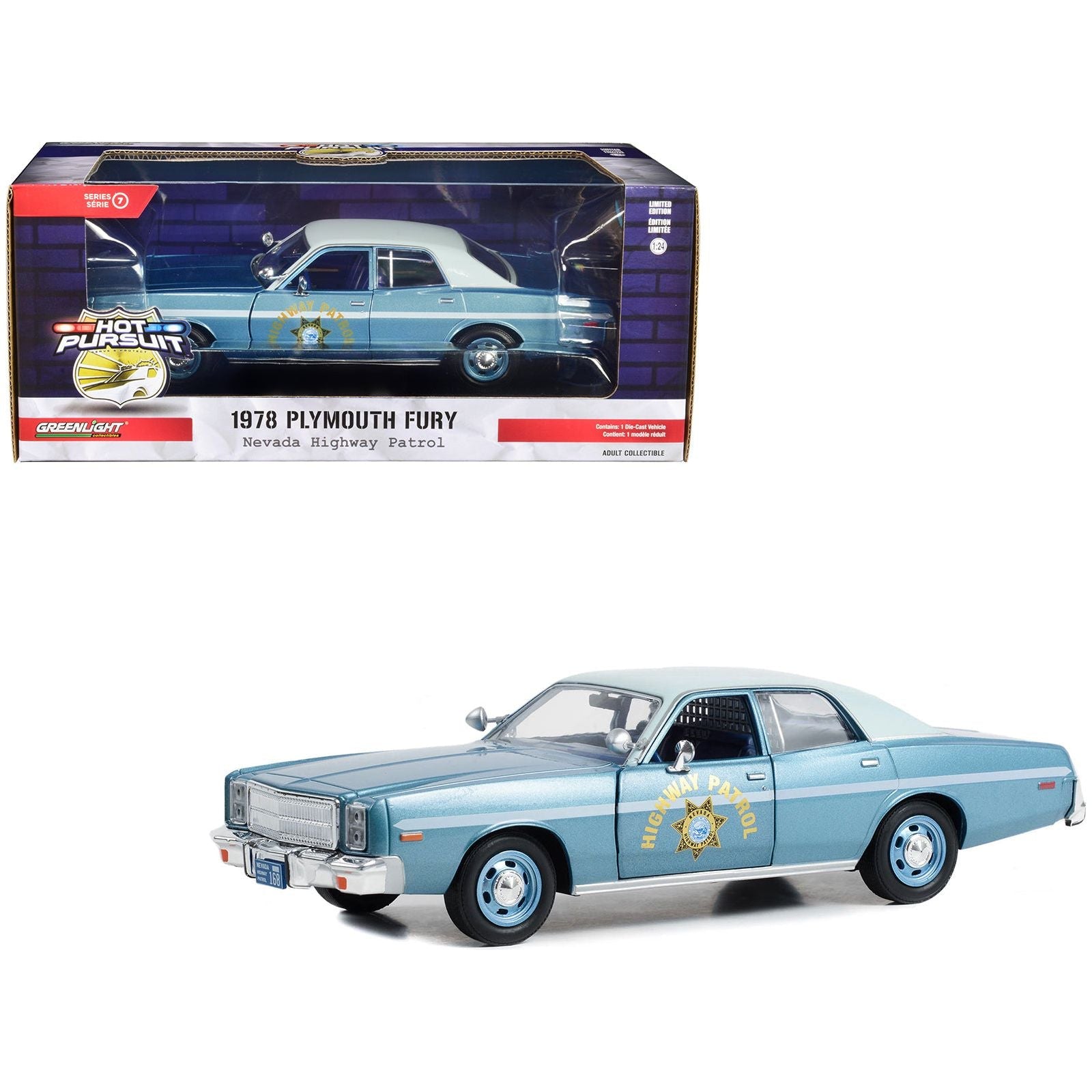 1978 Plymouth Fury Slicktop Blue Metallic with White Top "Nevada Highway Patrol" "Hot Pursuit" Series 1/24 Diecast Model Car by Greenlight - Greenlight - ModelCars.com