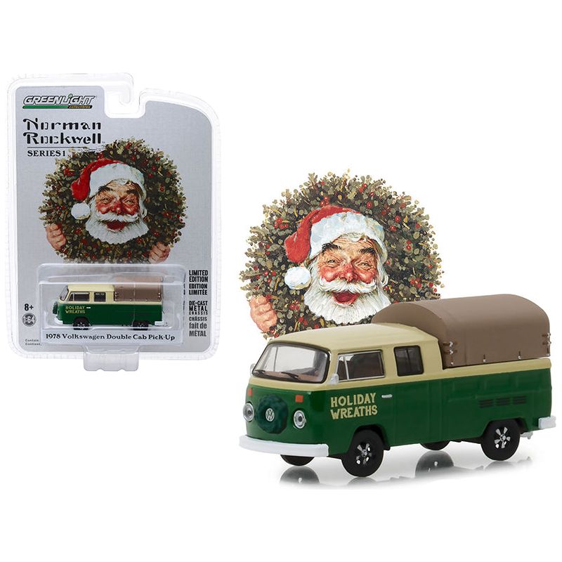 1978 Volkswagen Double Cab Pickup with Canopy "Holiday Wreaths" Green and Yellow "Norman Rockwell Delivery Vehicles" Series 1 1/64 Diecast Model by Greenlight - Greenlight - ModelCars.com