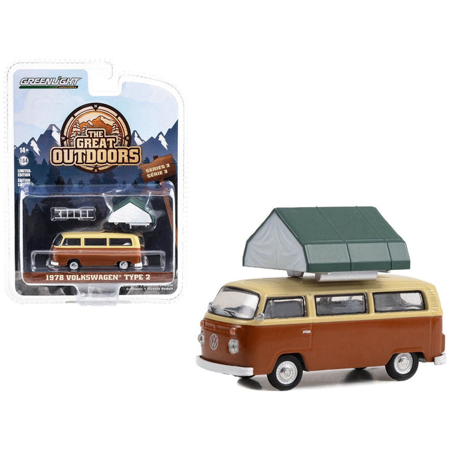 1978 Volkswagen Type 2 (T2B) Van Panama Brown and Dakota Beige with White Interior and Camp'otel Cartop Sleeper Tent "The Great Outdoors" Series 3 1/64 Diecast Model Car by Greenlight - Greenlight - ModelCars.com