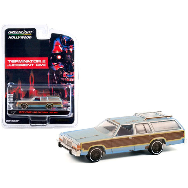 1979 Ford LTD Country Squire Light Blue with Woodgrain Sides (Weathered) "Terminator 2: Judgment Day" (1991) Movie "Hollywood Series" Release 32 1/64 Diecast Model Car by Greenlight - Greenlight - ModelCars.com