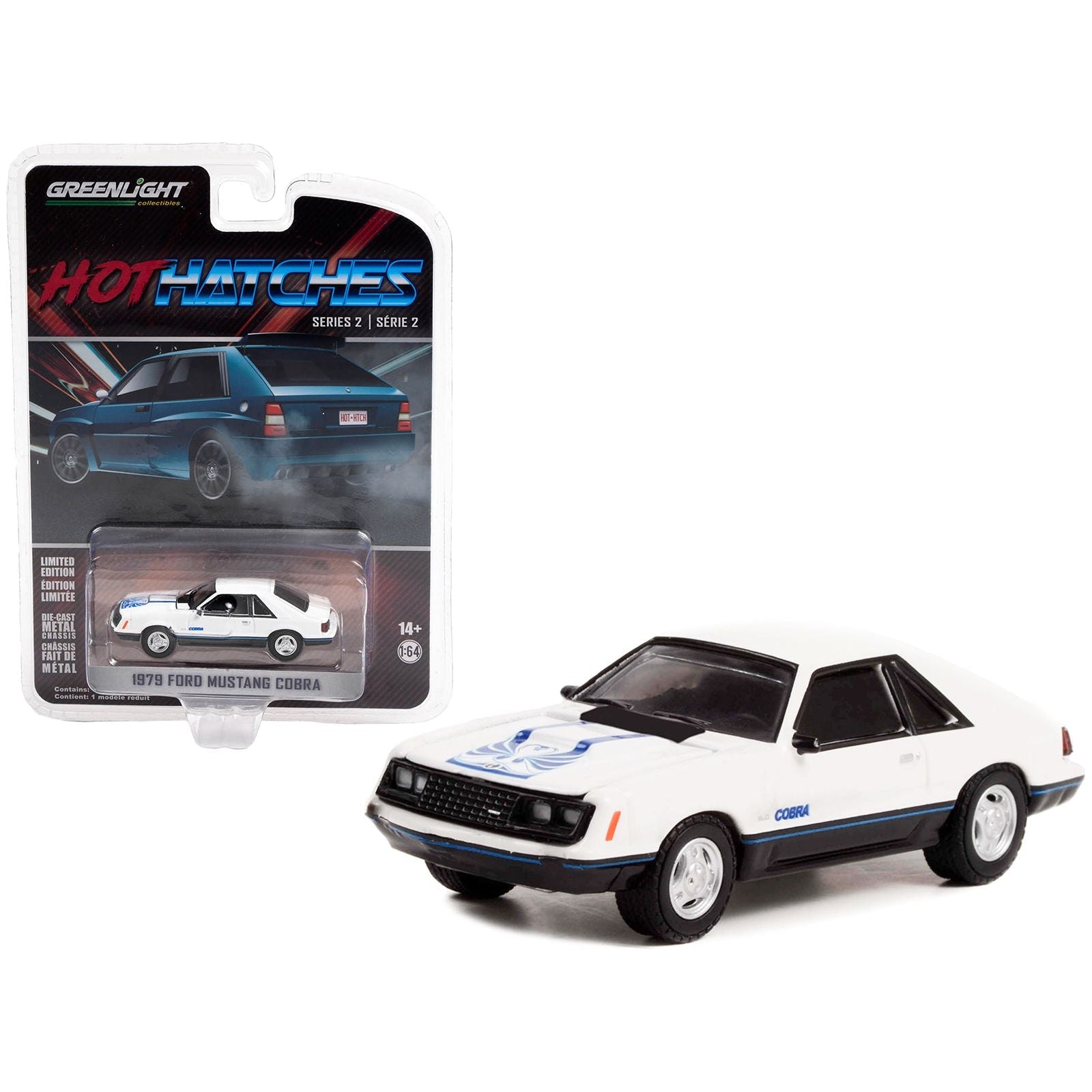 1979 Ford Mustang Cobra White with Medium Blue Glow Graphics "Hot Hatches" Series 2 1/64 Diecast Model Car by Greenlight - Greenlight - ModelCars.com