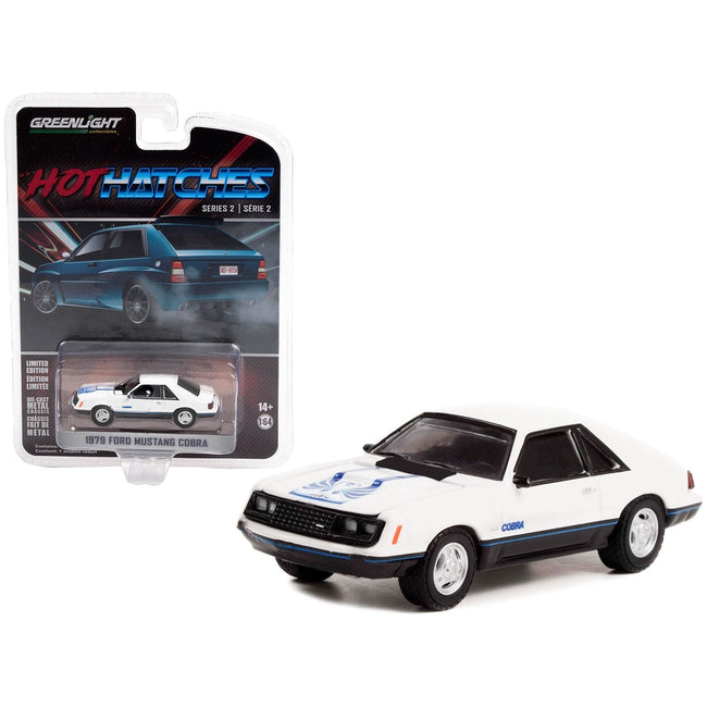 1979 Ford Mustang Cobra White with Medium Blue Glow Graphics "Hot Hatches" Series 2 1/64 Diecast Model Car by Greenlight-Greenlight-ModelCars.com