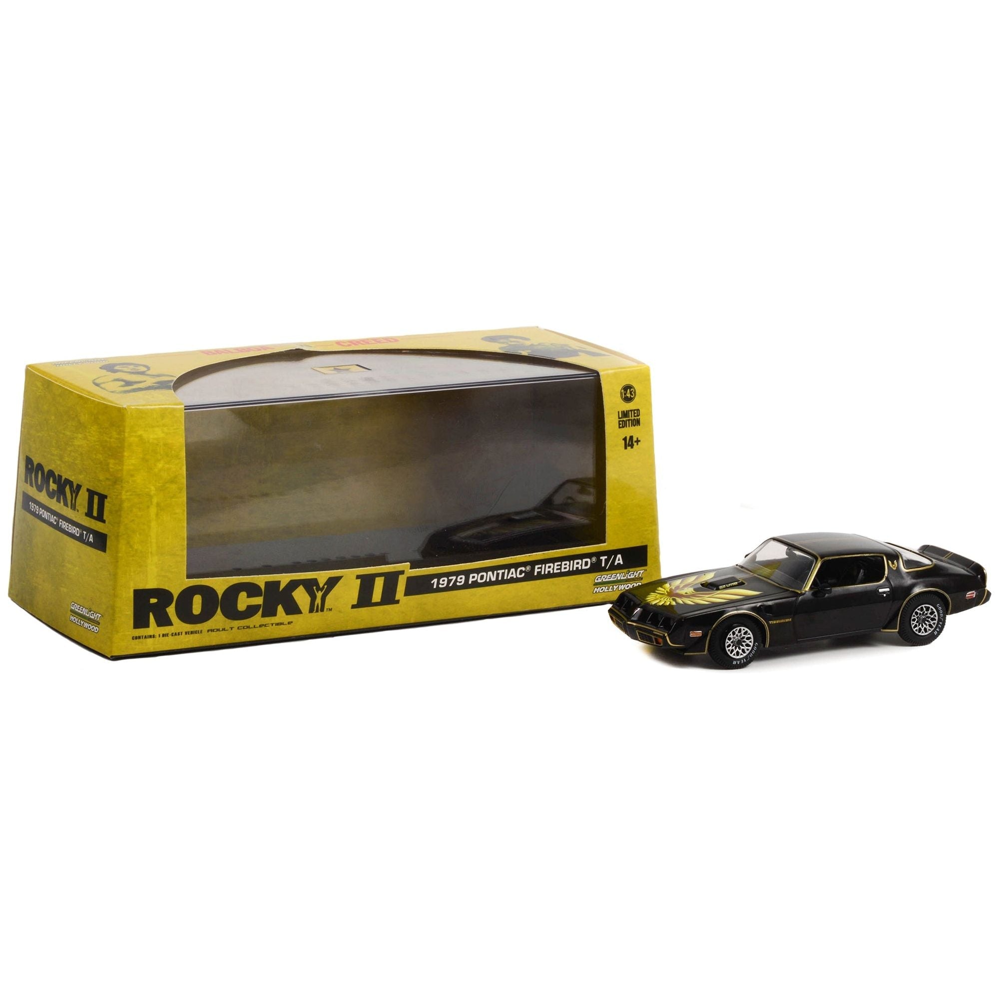 1979 Pontiac Firebird T/A Trans Am Black with Hood Phoenix "Rocky II (1979) Movie" 1/43 Diecast Model Car by Greenlight - Greenlight - ModelCars.com