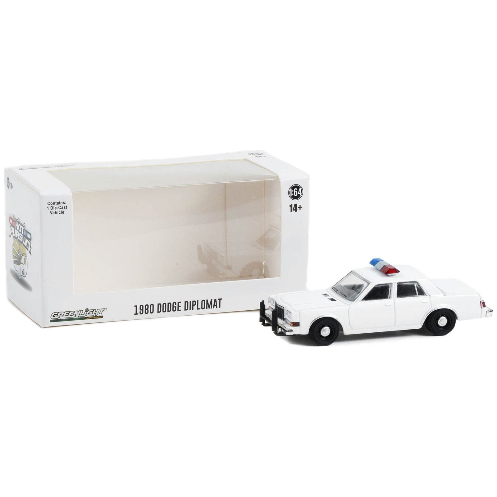 1980 - 1989 Dodge Diplomat Police Unmarked White with Light Bar "Hot Pursuit" "Hobby Exclusive" Series 1/64 Diecast Model Car by Greenlight - Greenlight - ModelCars.com