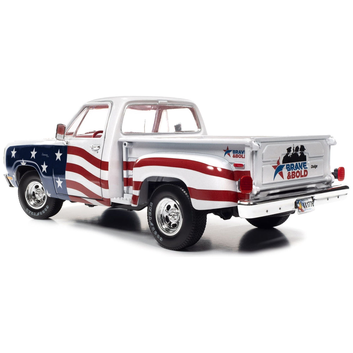 1980 Dodge D150 Adventurer Pickup Truck White with American Flag Graphics and Red Interior 1/18 Diecast Model Car by Auto World-Autoworld-ModelCars.com