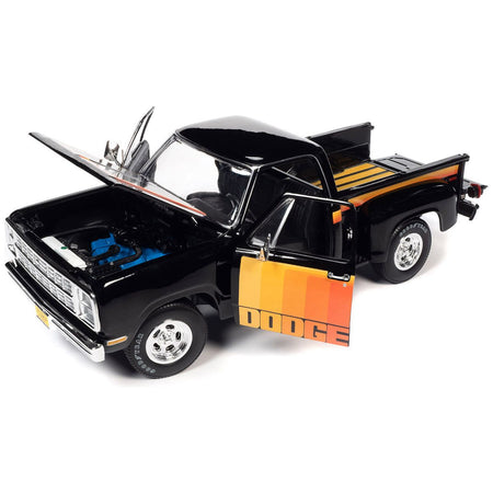 1980 Dodge D150 Pick-M-Up Utiline Pickup Truck Black with Stripes 1/18 Diecast Model Car by Auto World-Autoworld-ModelCars.com