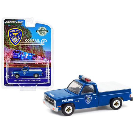 1981 Chevrolet C - 10 Custom Deluxe Pickup Truck Blue with White Truck Bed Cover "Conrail (Consolidated Rail Corporation) Police" "Hobby Exclusive" 1/64 Diecast Model Car by Greenlight - Greenlight - ModelCars.com