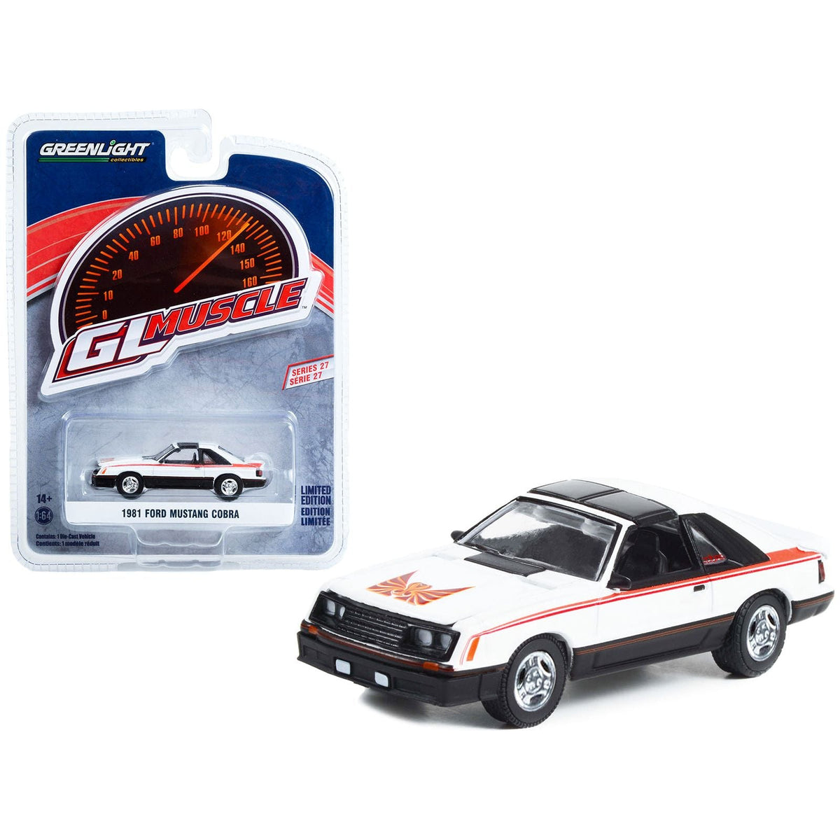 1981 Ford Mustang Cobra Polar White and Black with Red Stripes "Greenlight Muscle" Series 27 1/64 Diecast Model Car by Greenlight - Greenlight - ModelCars.com