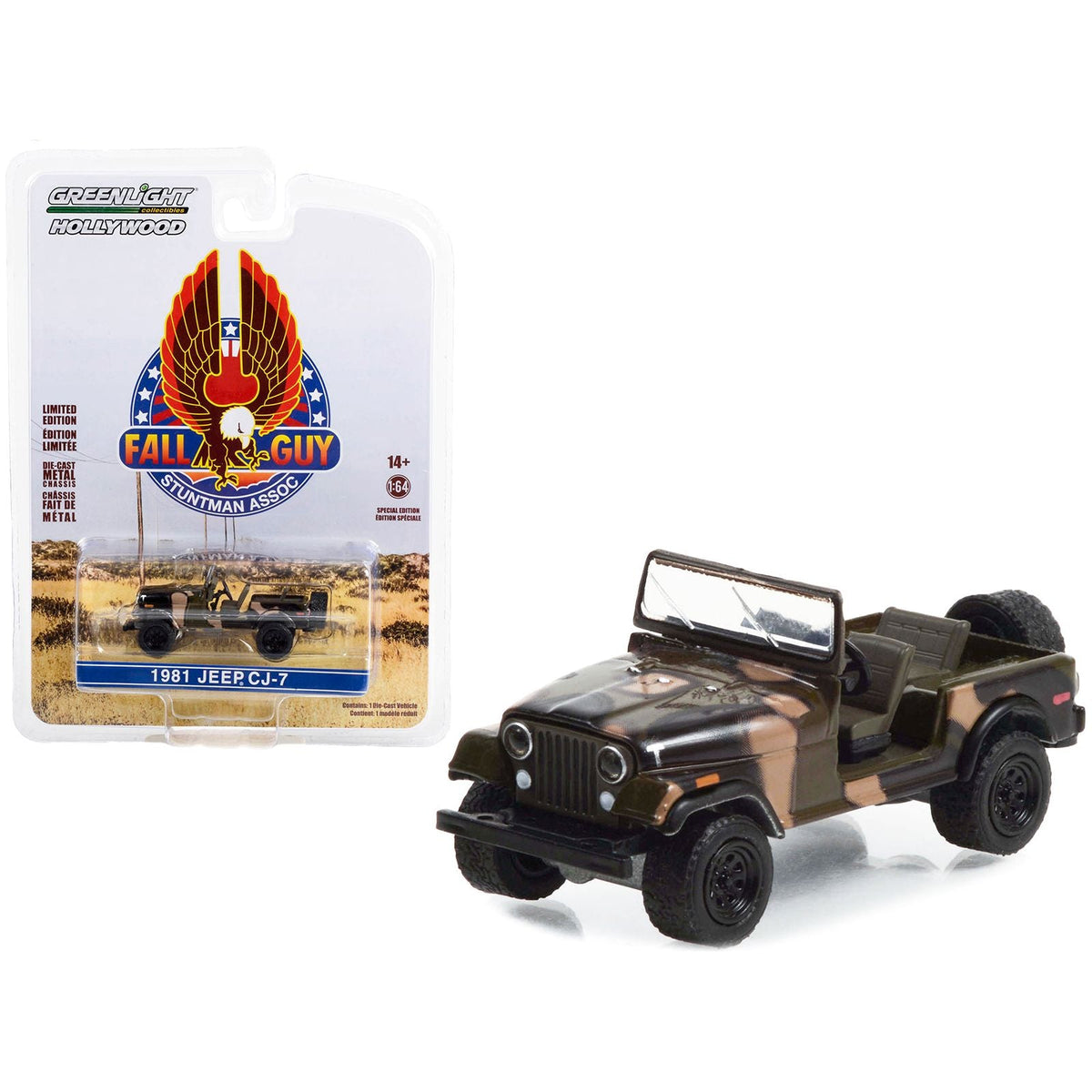 1981 Jeep CJ - 7 Camouflage "Fall Guy Stuntman Association" Hollywood Special Edition 1/64 Diecast Model Car by Greenlight - Greenlight - ModelCars.com