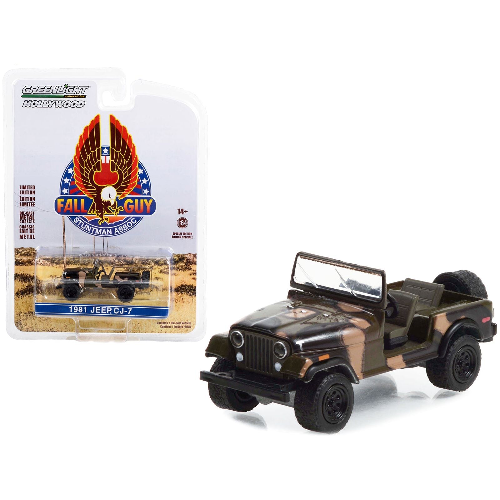 1981 Jeep CJ - 7 Camouflage "Fall Guy Stuntman Association" Hollywood Special Edition 1/64 Diecast Model Car by Greenlight - Greenlight - ModelCars.com