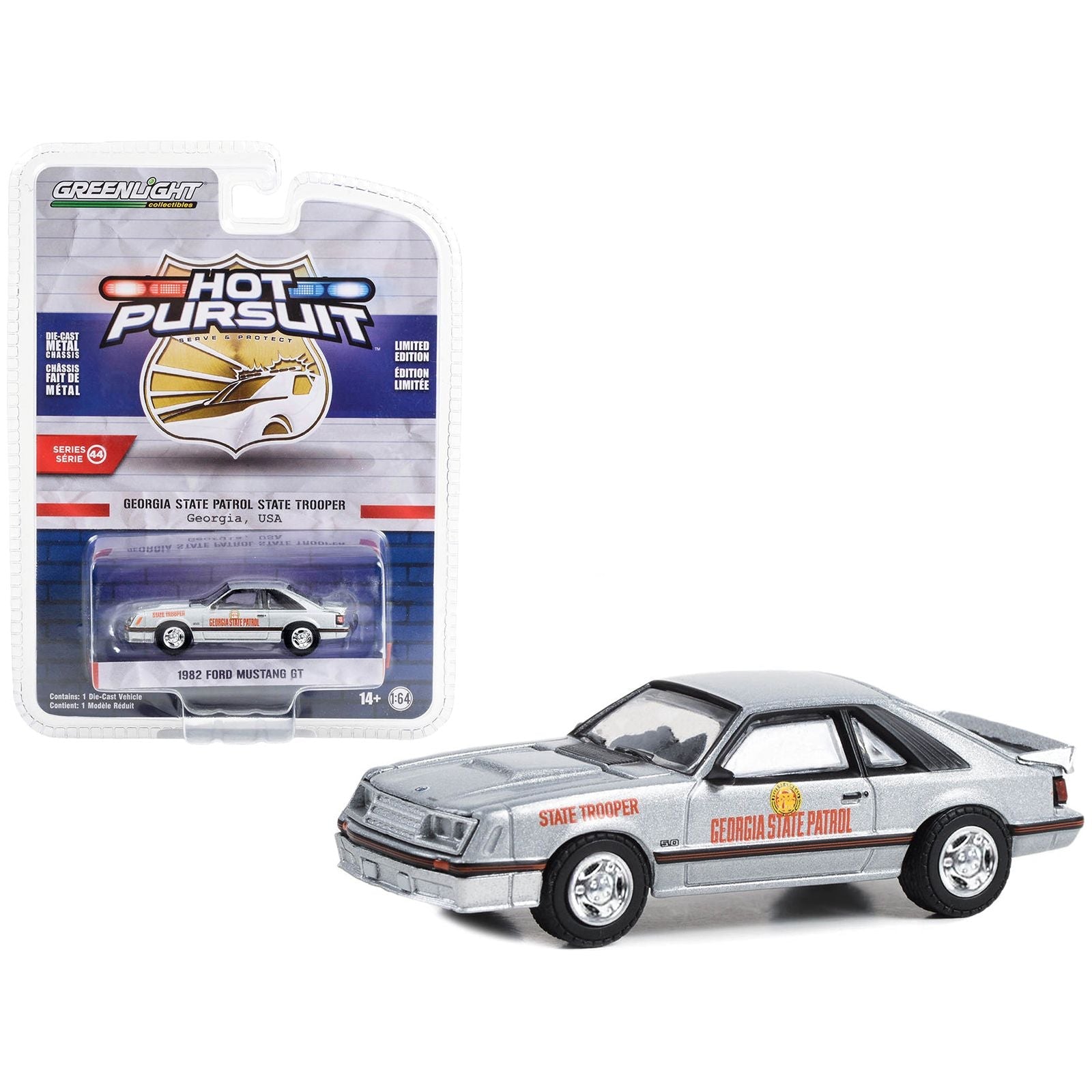 1982 Ford Mustang GT Silver Metallic "Georgia State Patrol State Trooper" "Hot Pursuit" Series 44 1/64 Diecast Model Car by Greenlight - Greenlight - ModelCars.com