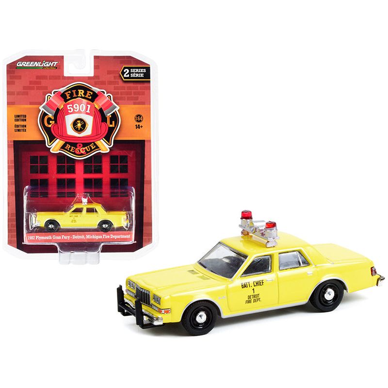 1982 Plymouth Gran Fury Yellow "Detroit Fire Department Battalion Chief 1" (Michigan) "Fire & Rescue" Series 2 1/64 Diecast Model Car by Greenlight - Greenlight - ModelCars.com