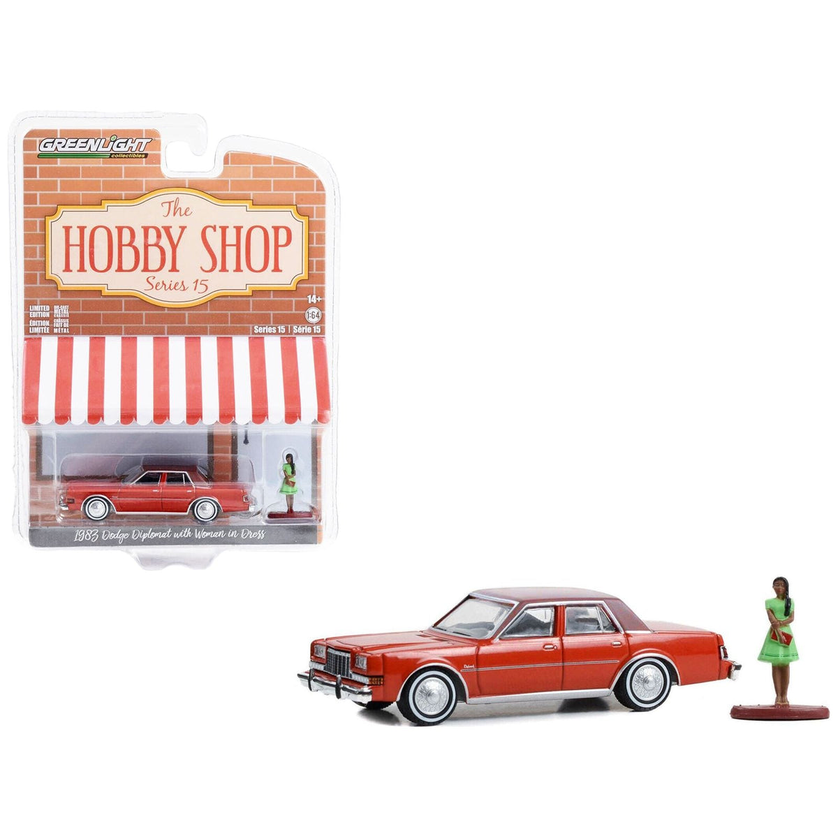1983 Dodge Diplomat Red with Brown Top and Woman in Dress Figure "The Hobby Shop" Series 15 1/64 Diecast Model Car by Greenlight - Greenlight - ModelCars.com
