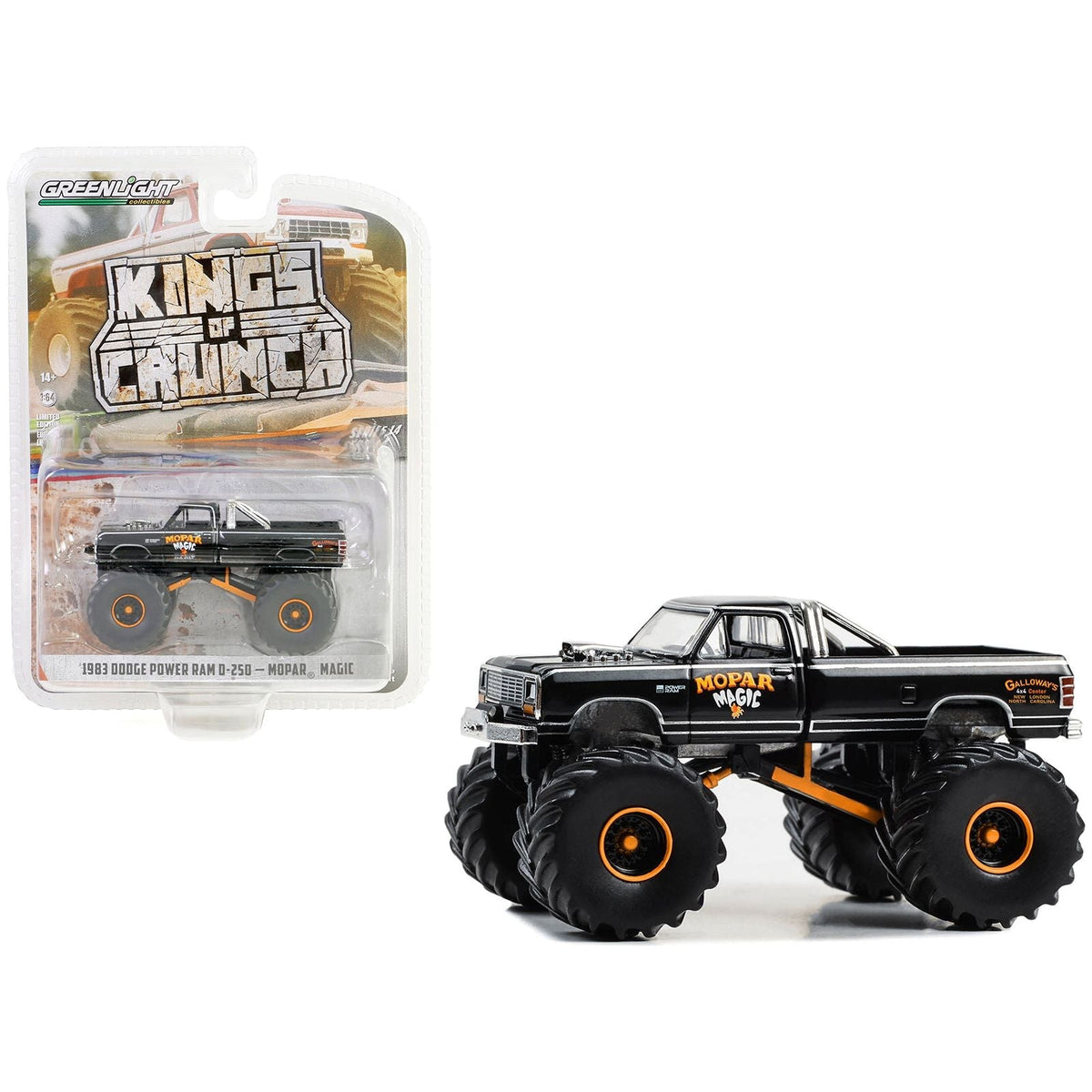 1983 Dodge Power Ram D-250 Monster Truck Black "Mopar Magic" "Kings of Crunch" Series 14 1/64 Diecast Model Car by Greenlight-Greenlight-ModelCars.com