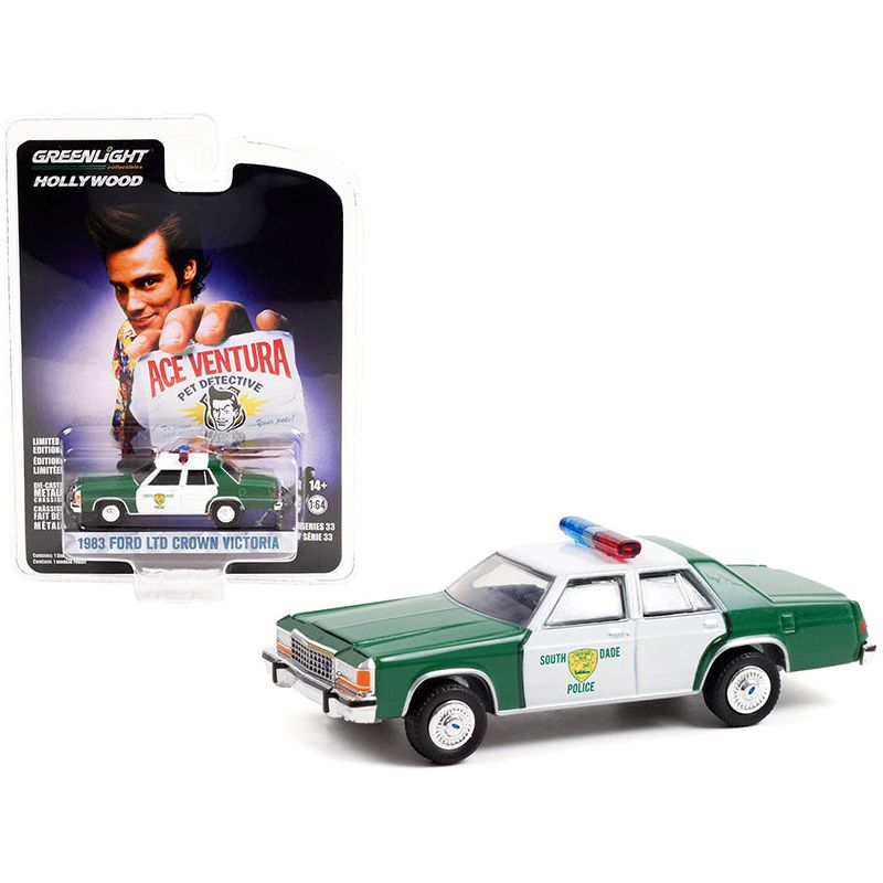 1983 Ford LTD Crown Victoria Green and White "Miami-Dade Police Department" "Ace Ventura: Pet Detective" (1994) Movie "Hollywood Series" Release 33 1/64 Diecast Model Car by Greenlight-Greenlight-ModelCars.com