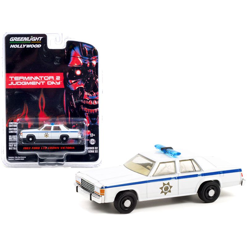 1983 Ford LTD Crown Victoria Police White "Terminator 2: Judgment Day" (1991) Movie "Hollywood Series" Release 32 1/64 Diecast Model Car by Greenlight-Greenlight-ModelCars.com