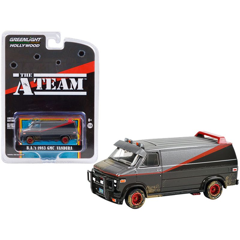 1983 GMC Vandura Van (B.A.'s) Black and Silver with Red Stripe (Dirty Version) "The A - Team" (1983 - 1987) TV Series "Hollywood Special Edition" 1/64 Diecast Model Car by Greenlight - Greenlight - ModelCars.com