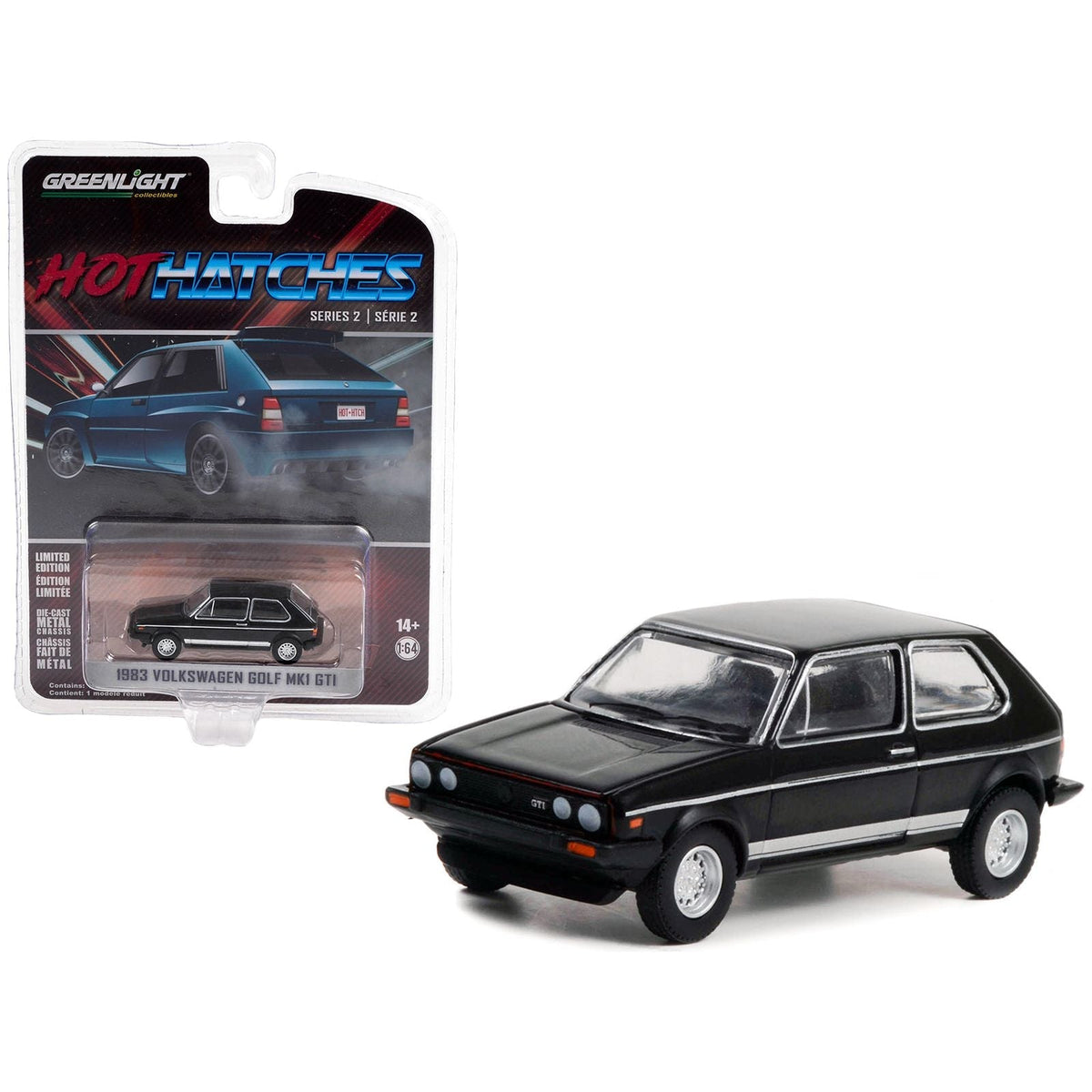 1983 Volkswagen Golf Mk1 GTI Black with Silver Stripes "Hot Hatches" Series 2 1/64 Diecast Model Car by Greenlight-Greenlight-ModelCars.com