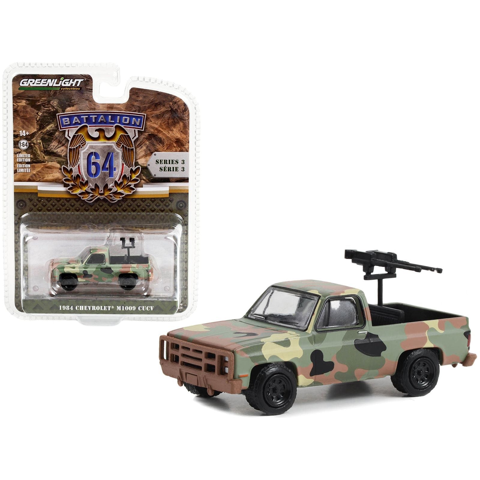 1984 Chevrolet M1009 CUCV Pickup Truck with Mounted Machine Guns Camouflage "Battalion 64" Series 3 1/64 Diecast Model Car by Greenlight - Greenlight - ModelCars.com
