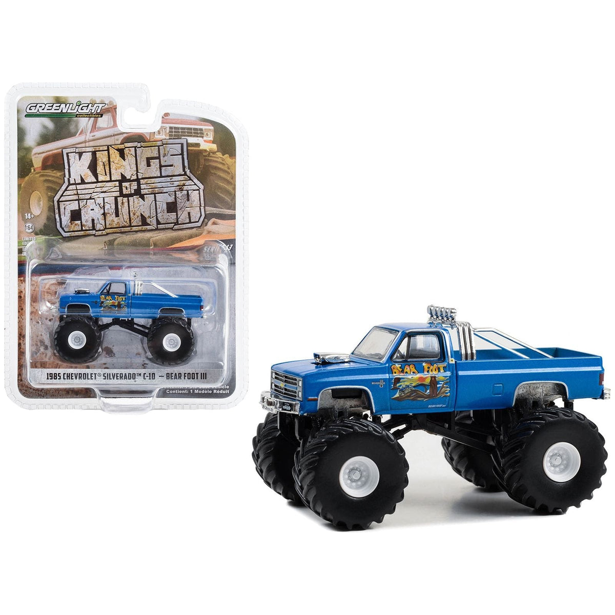 1985 Chevrolet Silverado C-10 Monster Truck Blue "Bear Foot III" "Kings of Crunch" Series 13 1/64 Diecast Model Car by Greenlight-Greenlight-ModelCars.com