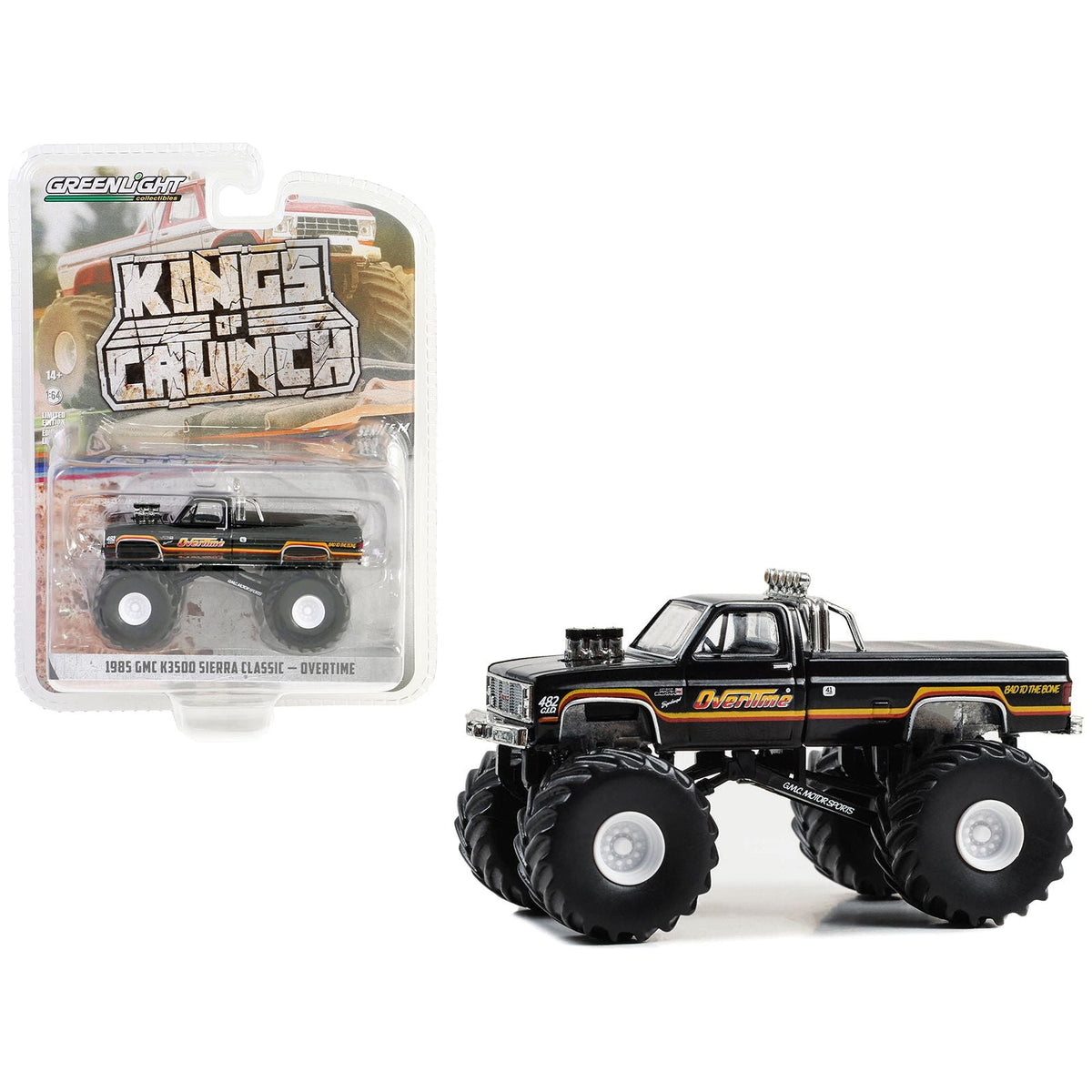 1985 GMC K3500 Sierra Classic Monster Truck Black "Overtime" "Kings of Crunch" Series 14 1/64 Diecast Model Car by Greenlight - Greenlight - ModelCars.com