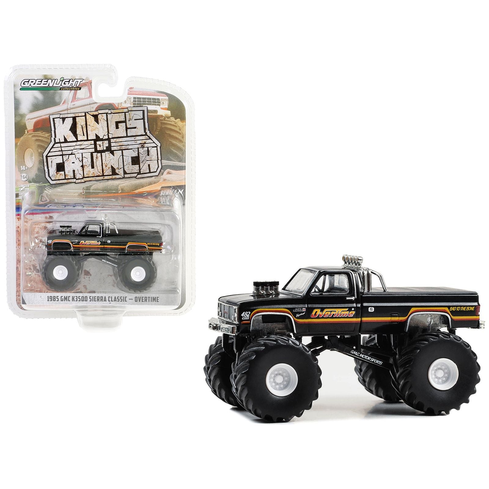 1985 GMC K3500 Sierra Classic Monster Truck Black "Overtime" "Kings of Crunch" Series 14 1/64 Diecast Model Car by Greenlight - Greenlight - ModelCars.com