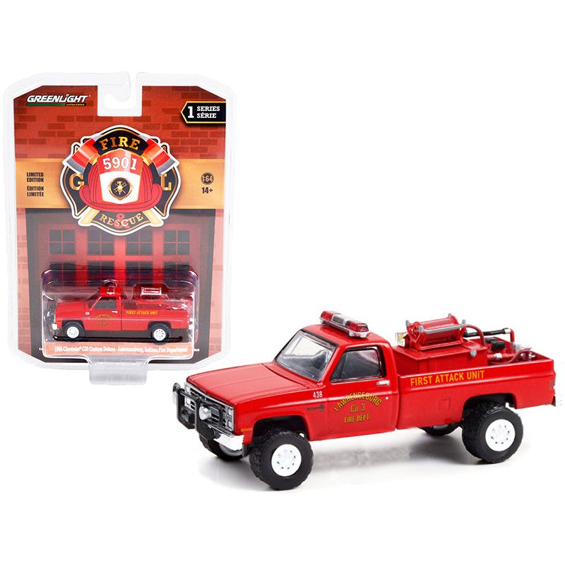 1986 Chevrolet C20 Custom Deluxe Pickup Truck Red First Attack Unit Fire Equipment and Hose and Tank "Lawrenceburg Fire Department" (Indiana) "Fire & Rescue" Series 1 1/64 Diecast Model Car by Greenlight - Greenlight - ModelCars.com