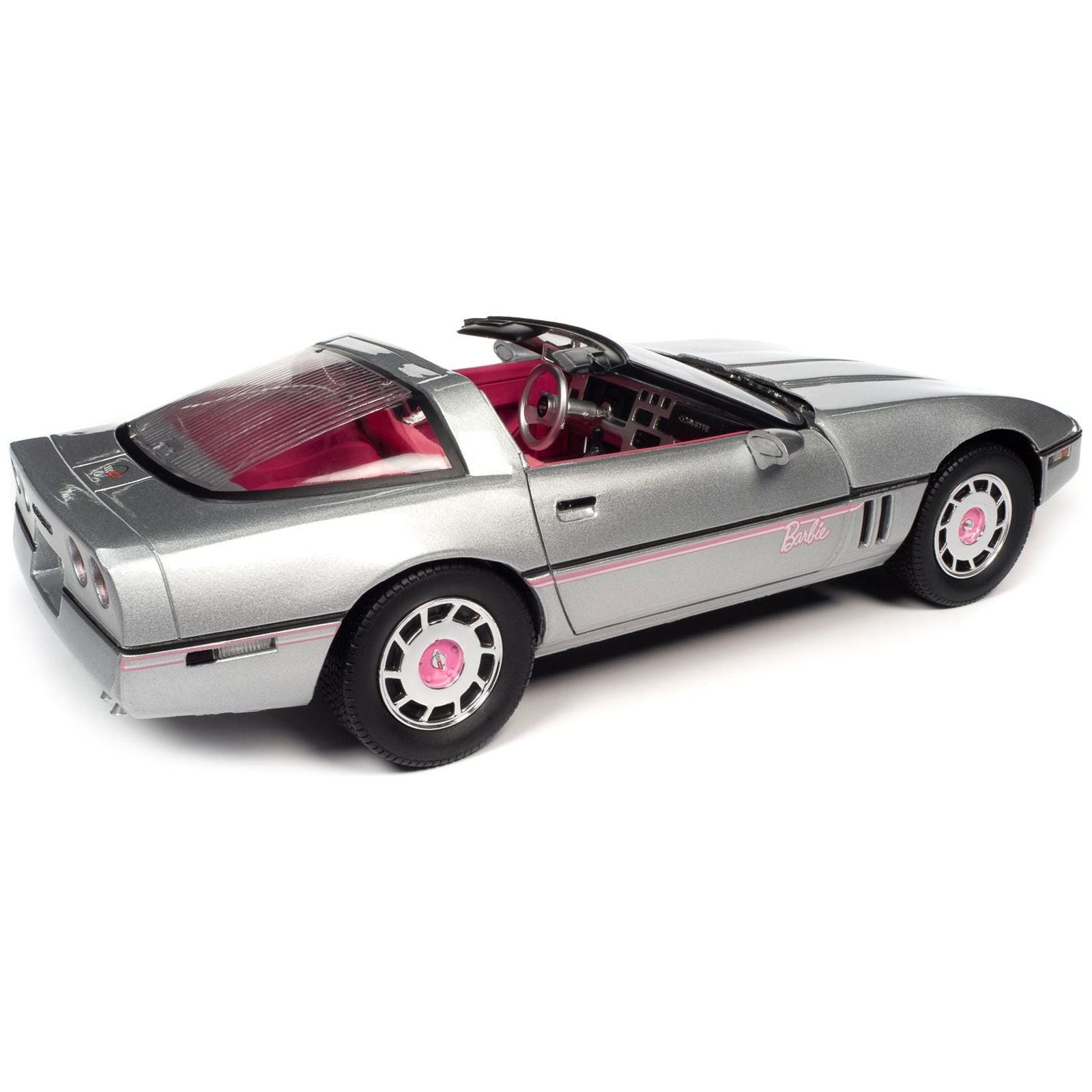 1986 Chevrolet Corvette Convertible Silver Metallic with Pink Interior "Barbie" "Silver Screen Machines" 1/18 Diecast Model Car by Auto World - Autoworld - ModelCars.com