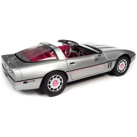 1986 Chevrolet Corvette Convertible Silver Metallic with Pink Interior "Barbie" "Silver Screen Machines" 1/18 Diecast Model Car by Auto World-Autoworld-ModelCars.com